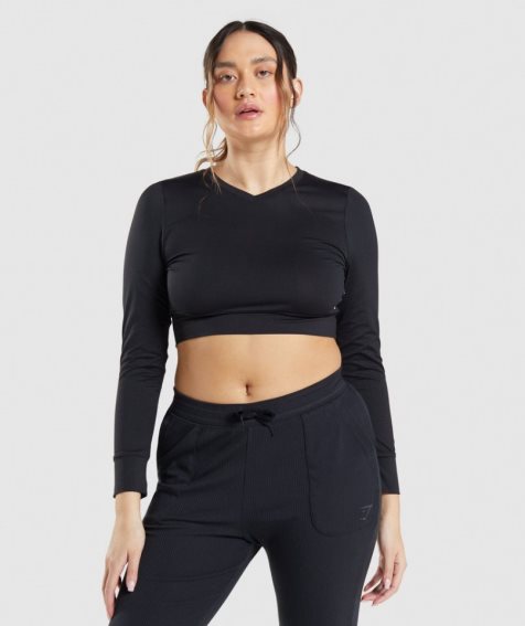 Women's Gymshark Pause Open Back Long Sleeve Cropped Tops Black | NZ 6RJIPF